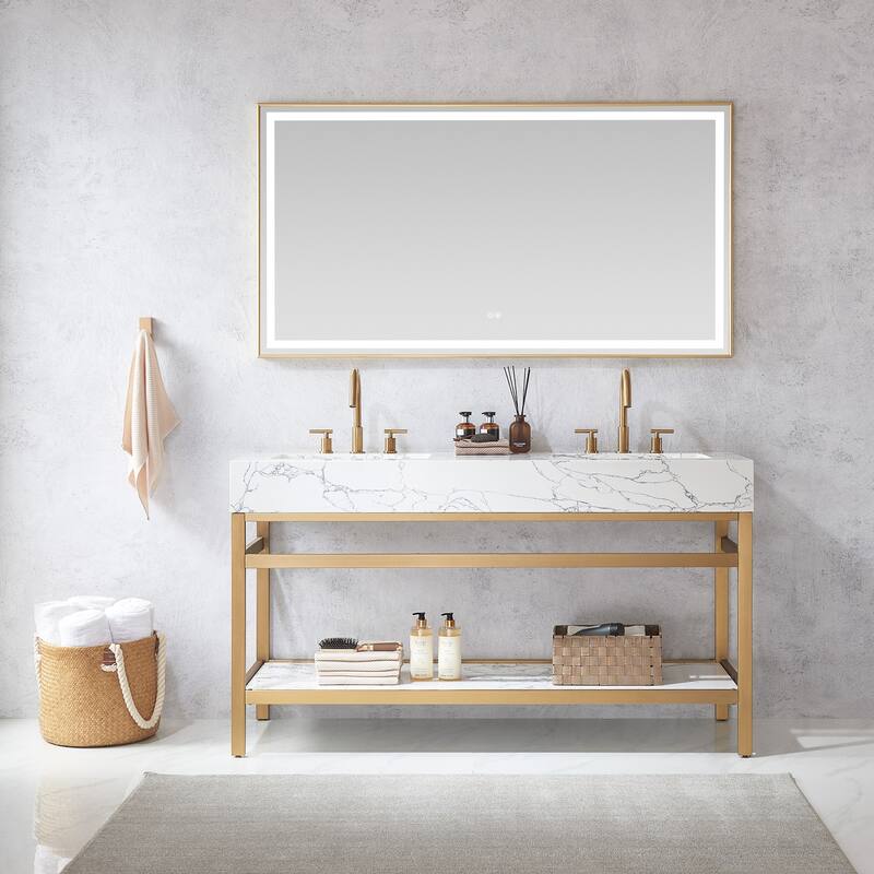 Ecija Bath Vanity, Metal Support with Composite Stone Top and Mirror