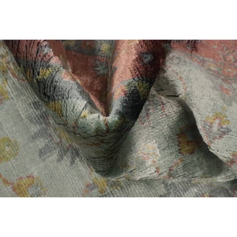 Hand Knotted Oriental Viscose Silk Carpet Transitional Floral Greys & Charcoal Oushak Area Rug - 8' 0'' X 4' 11''