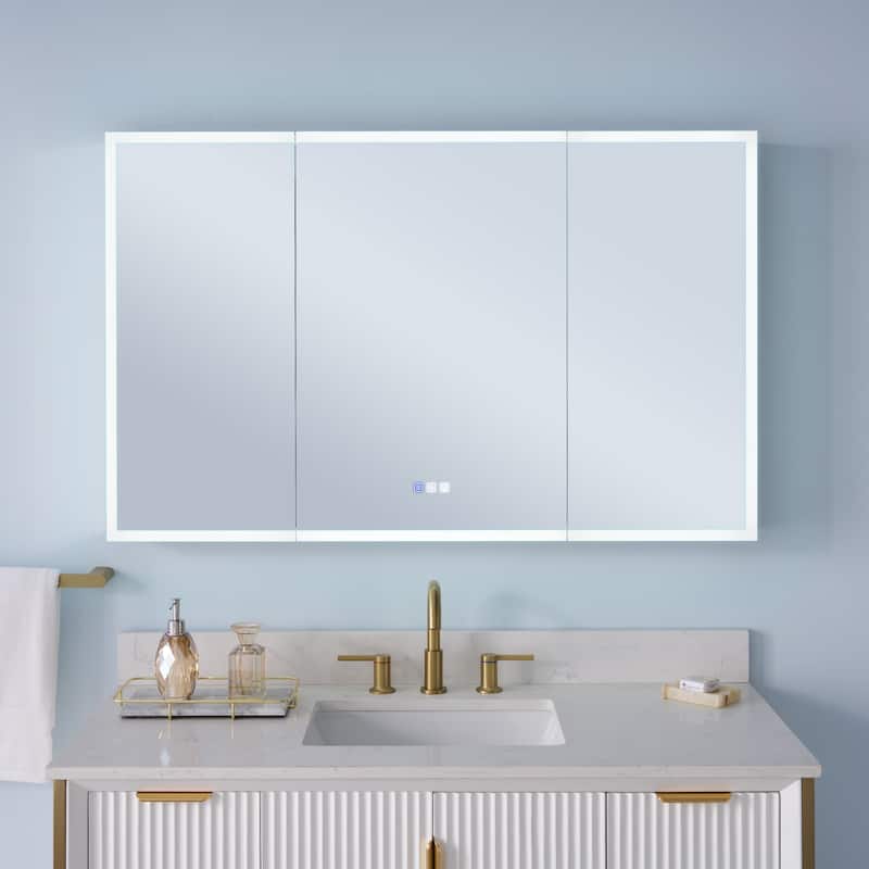 30'' H Recessed or Surface Frameless LED Mirror Cabinet With Defogger, Dimmer, Outlets & USB Ports  - 48"W X30"H,Three Doors Open