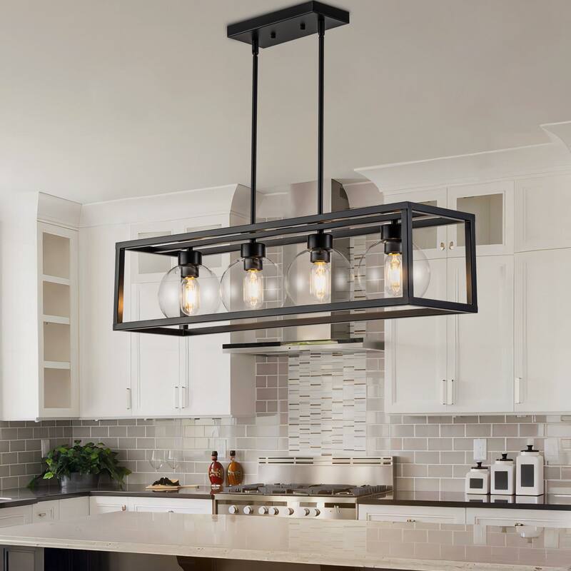 Starsky 4-Light 33in Modern Farmhouse Linear Chandelier Wooden Rectangle Kitchen Island Light - Black