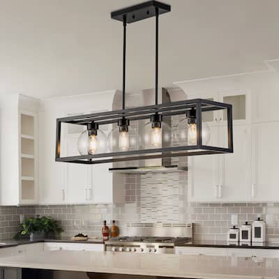 Starsky 4-Light 33in Modern Farmhouse Linear Chandelier Wooden Rectangle Kitchen Island Light