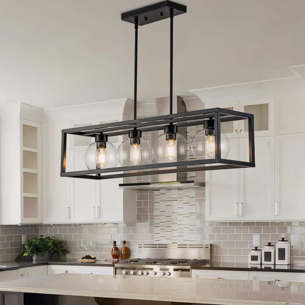 Starsky 4-Light 33in Modern Farmhouse Linear Chandelier Wooden Rectangle Kitchen Island Light
