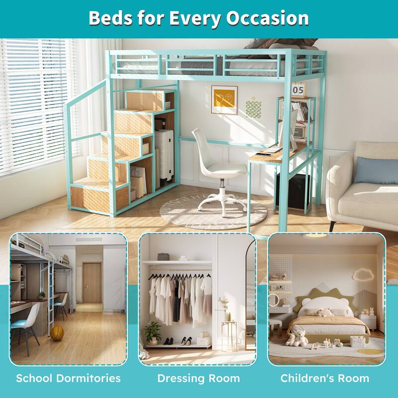 Full-Size Loft Bed with Desk & Storage, Space-Saving Metal Bed Frame with Staircase, USB & Outlet for Kids & Teens