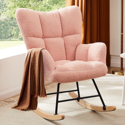 Living Room Ergonomic Teddy Fabric Rocking Chair Nursing Accent Reading Recliner with Soft Glider - 33.66"D x 28.35"W x 38.58"H