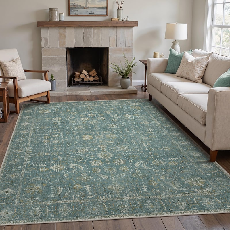 Mcow Vintage Collection Distressed Floral Low-Pile Machine-Washable Area Rug - 8' x 10' - Dusty Blue