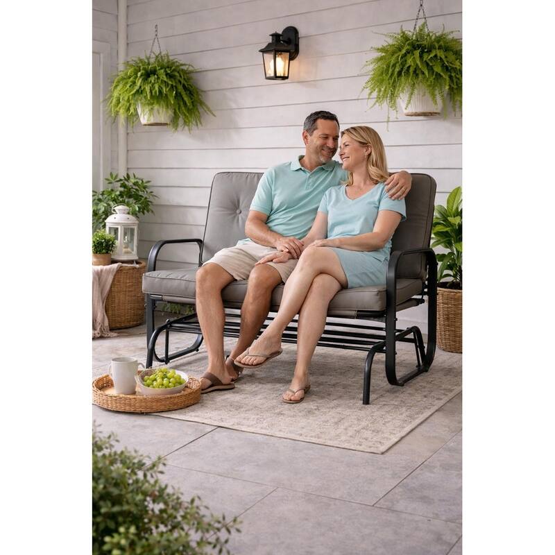 Winston 2-Person Brown Steel Outdoor Loveseat Glider with Polyester Tan Cushion - N/A