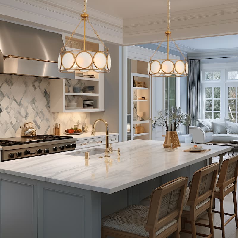 Modern Farmhouse 3-Light Antiqued Gold Drum Chandelier Glass Pendant Lights for Dining Room - 16.5" D x 19.5" H