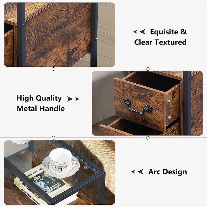 VECELO 2-Drawer Modern End Tables with Glass Top, Narrow Side Tables with Drawers, Nightstands for Small Spaces
