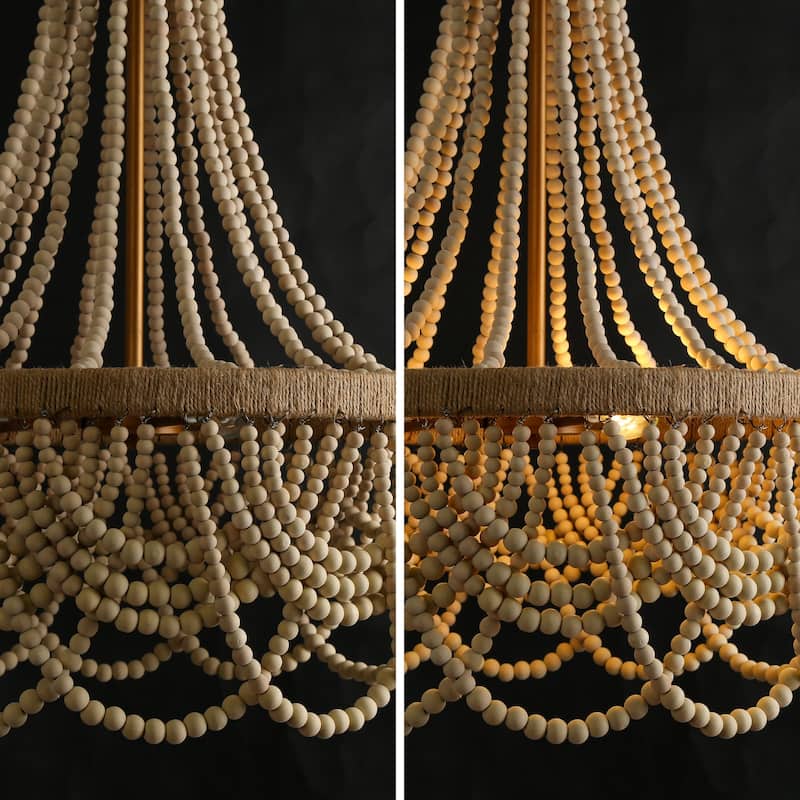 Farmhouse Distressed Wood Beaded Chandelier Empire 3-light Hemp Rope Basket Coastal Ceiling Lights - D 20" x H 33"