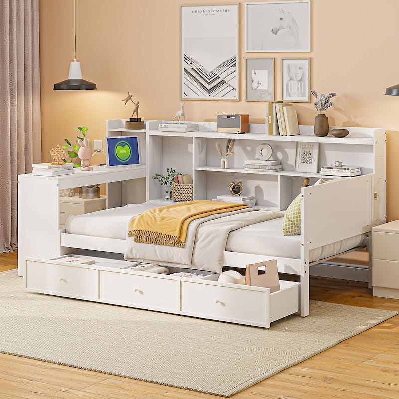 Twin Size Daybed with USB Ports and Desk, Wooden Sofa Bed Frame with 3 Storage Drawers & Shelves Headboard, No Box Spring Needed - White - Twin