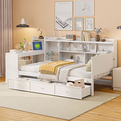 Twin Size Daybed with USB Ports and Desk, Wooden Sofa Bed Frame with 3 Storage Drawers & Shelves Headboard, No Box Spring Needed