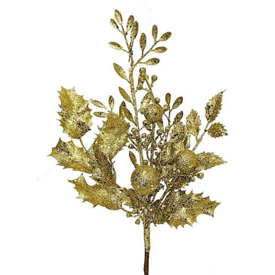 Gold Glitter Holly Leaves And Ornaments Pick