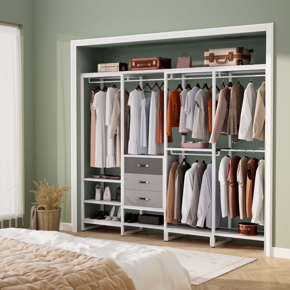 Rackcog 74-148'' W Closet System with 3 Wood Drawers and 11-Tier Storage Shelves,Multifunctional Walk-in Closet Organizer