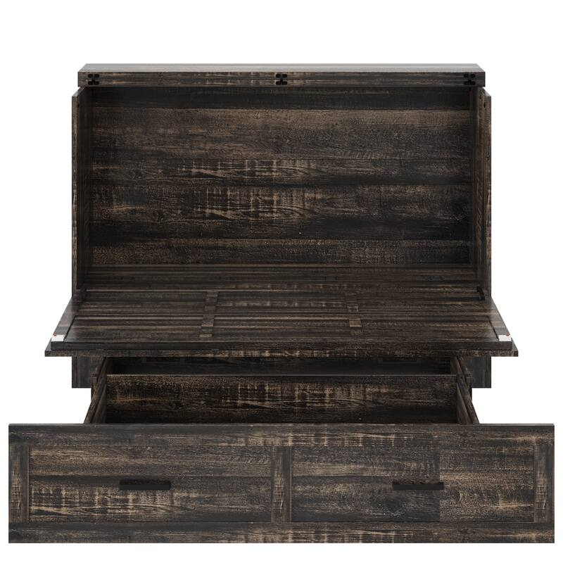 Queen Murphy Bed with Charging Station & Large Storage Drawer, Farmhouse Cabinet Hideaway Bed for Guest Room