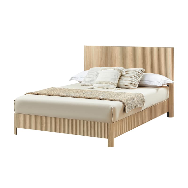 Farmhouse Style Platform Bed Frame, Wooden Corrugated Lines Bed Frame with Headboard, Rounded Safety Corners, Noise-Free Design - Oak - Queen
