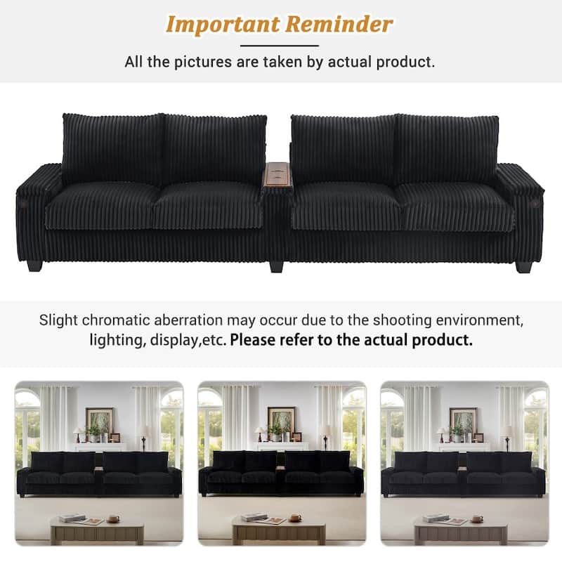 133" Modern 4-seater Corduroy Sofa Couch with USB Ports and Flip-top Cup Holders