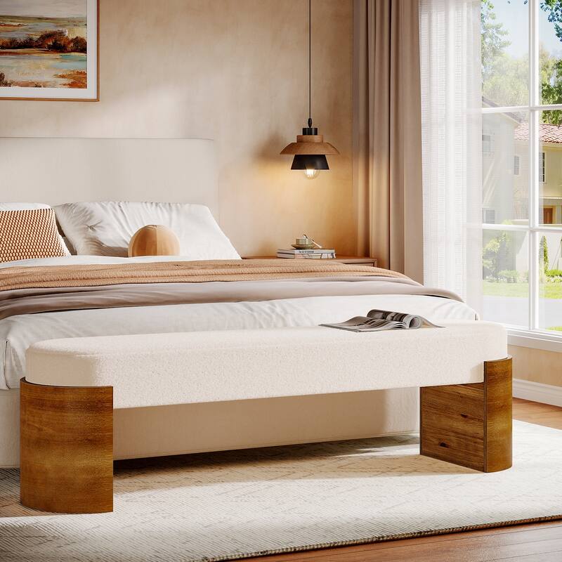 59" Upholstered End of Bed Bench with Faux Lambswool Fabric