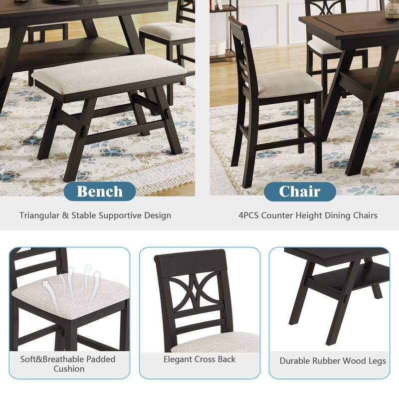 Espresso Rustic 6-Piece Counter Height Wooden Dining Table Set with 4 Chairs