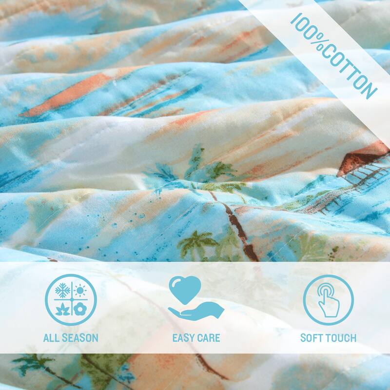 Tommy Bahama Bon Voyage Tropical Island Reversible Cotton Quilt (Blue, 3 Piece Set)