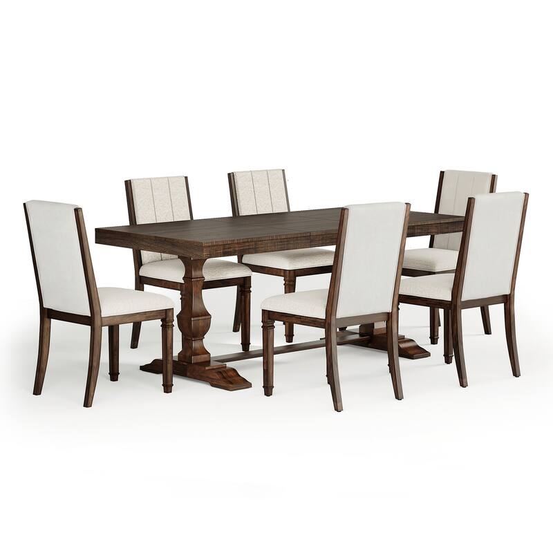 7-pieces Farmhouse Dining Table Set for 6, 74.8" Kitchen Table with Chairs, Solid Wood Legs and Upholstered Back