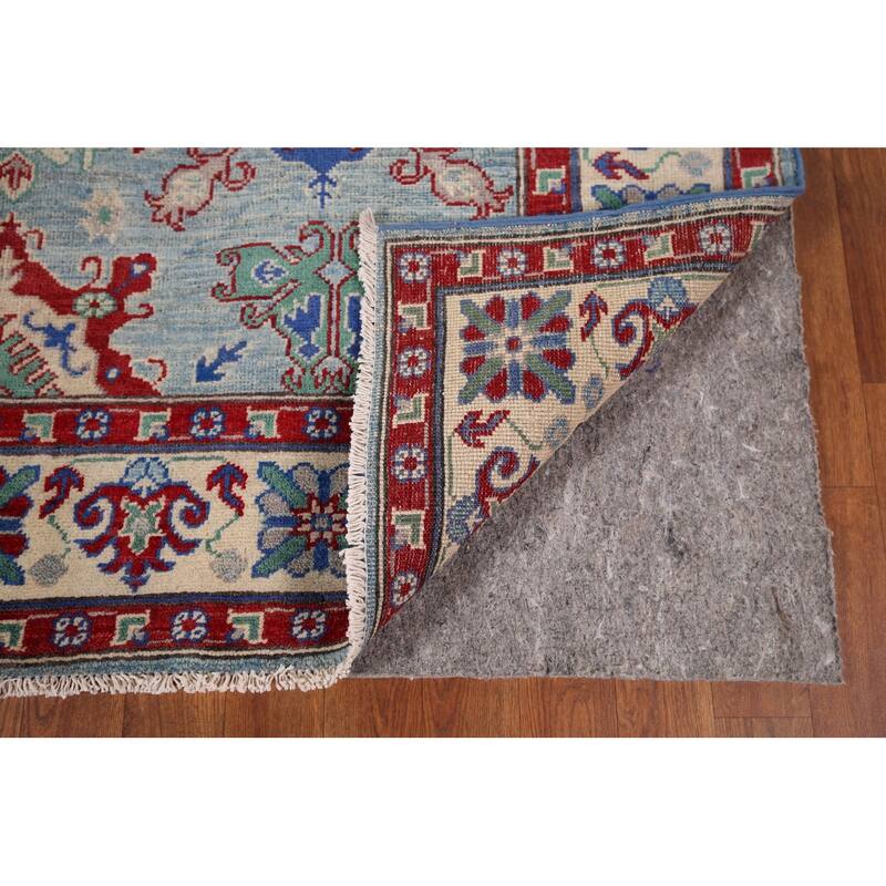 Blue Geometric Kazak Oriental Area Rug Hand-Knotted Wool Carpet - 5'0" x 6'6"