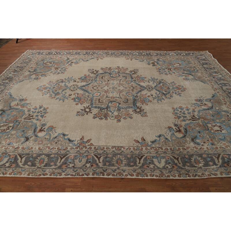 Floral Beige Tabriz Persian Area Rug Handmade Wool Carpet - 8'1"x 10'7"