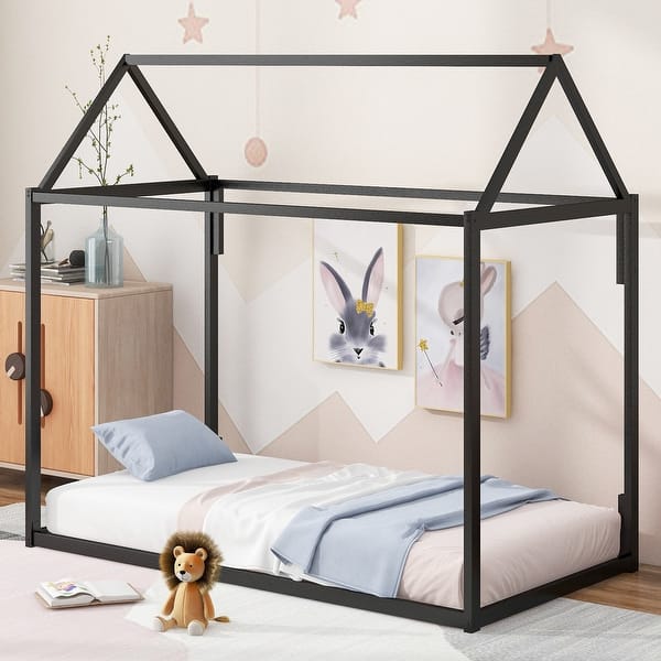slide 2 of 9, Twin Metal Platform Bed with House-Shaped Design for Charming and Durable Bedroom Decor Black