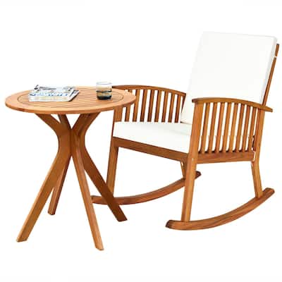Gymax 2PCS Patio Rocking Chair Set Round Table Solid Wood Cushioned