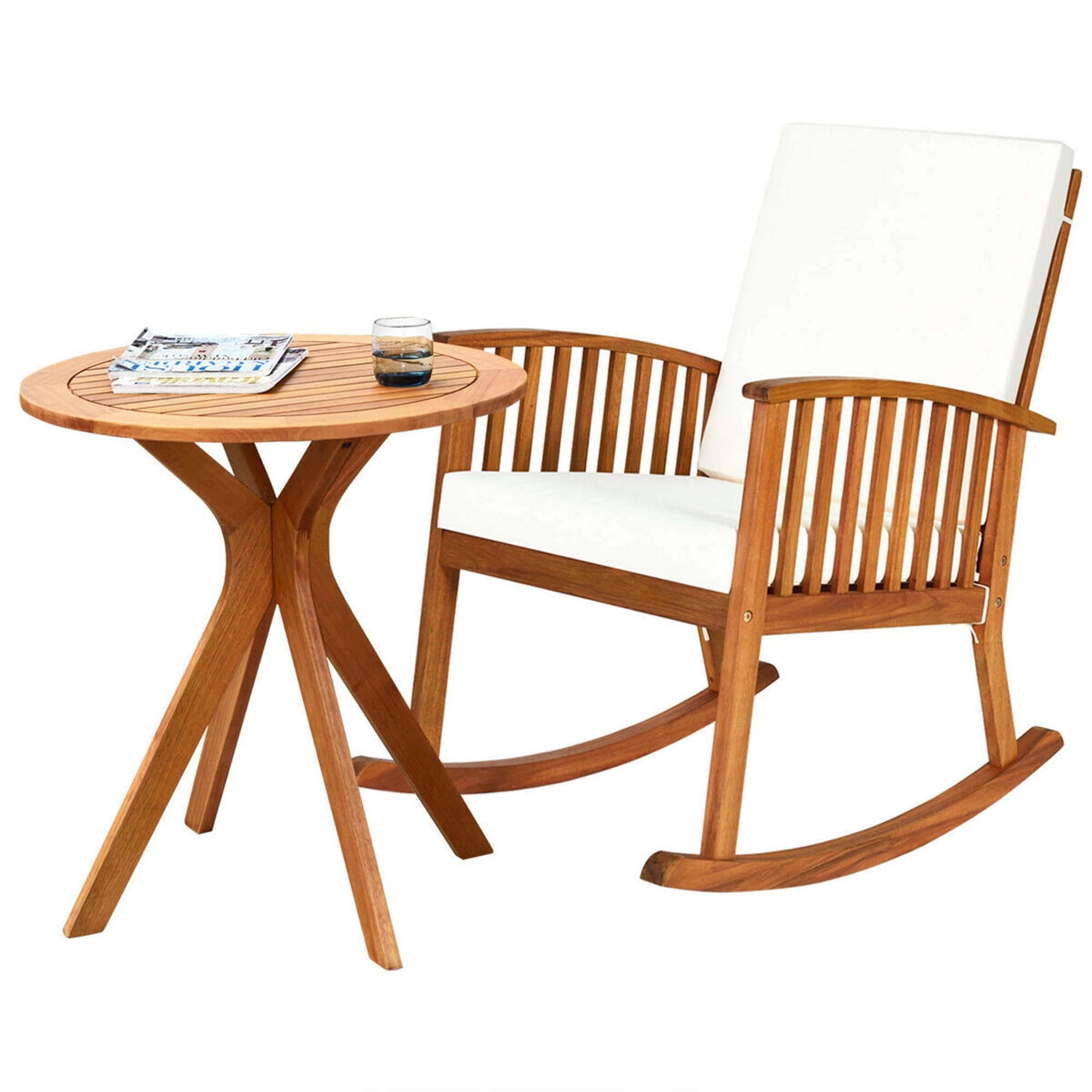 Gymax 2PCS Patio Rocking Chair Set Round Table Solid Wood Cushioned
