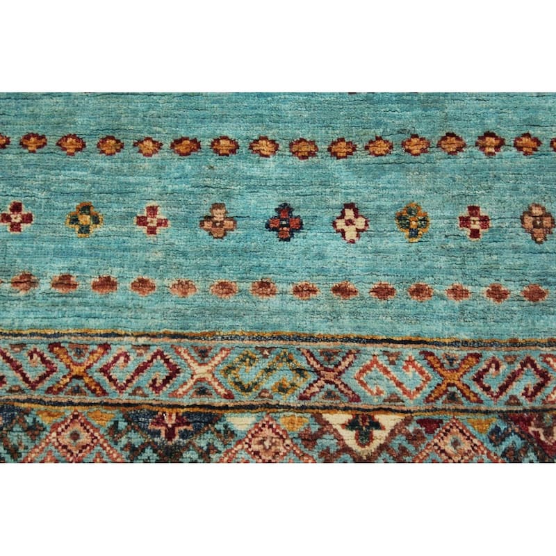 Tribal Khurgeen Dawn Lt. Blue/Orange Hand-knotted Wool Rug - 3'2 x 3'2 - 3'2'' x 3'2''