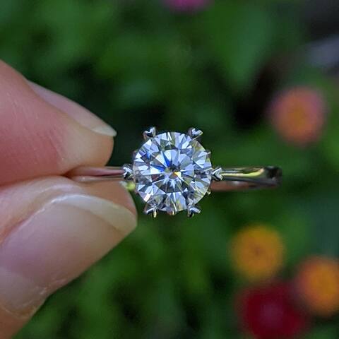 Platinum Plated Silver 1 CT Round Moissanite Ring Heart Shaped Prongs