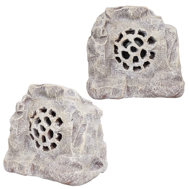 Alpine Corporation Solar Outdoor Bluetooth 5.0 Rock Speaker Set of 2 Pairing White 11" Tall, 49 ft. Range, USB, 12-Hour Playtime