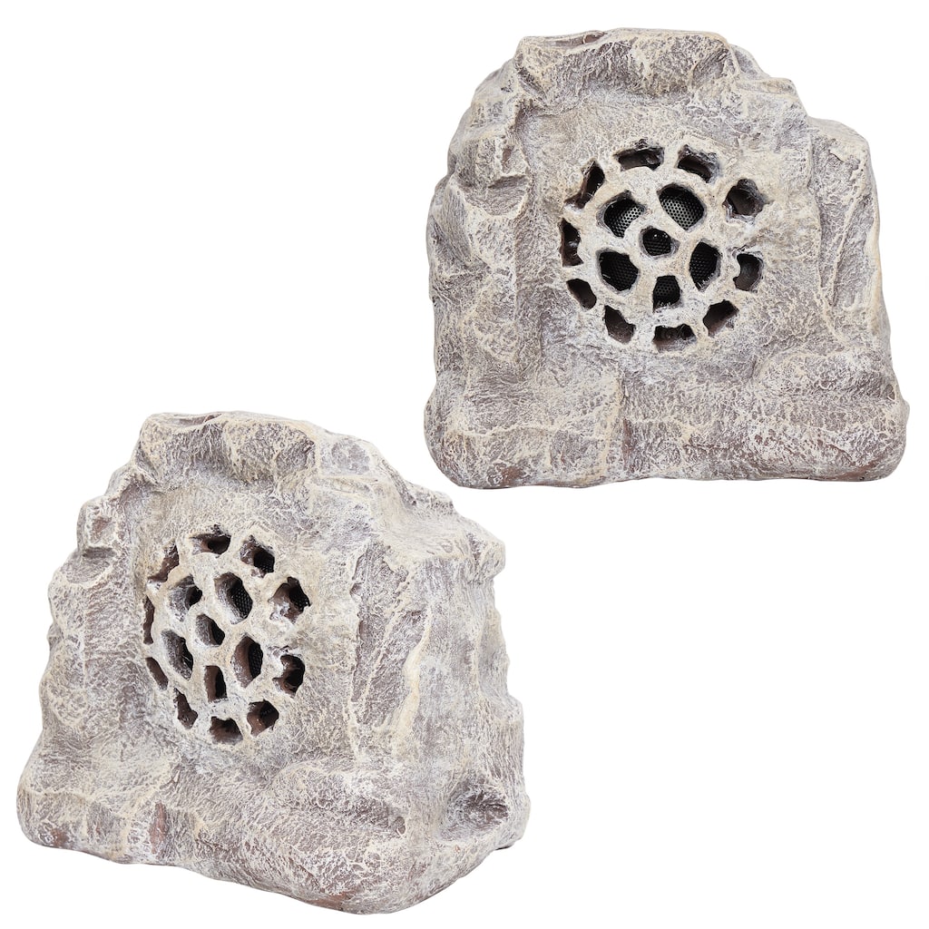 Alpine Corporation Solar Outdoor Bluetooth 5.0 Rock Speaker Set of 2 Pairing White 11" Tall, 49 ft. Range, USB, 12-Hour Playtime