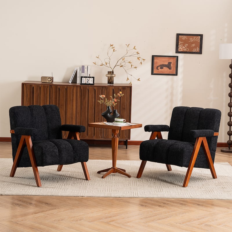 Mid Century Modern Accent Chair, Chenille Armchair with Solid Wood Legs, Channel Tufted Comfy Reading Chair for Living Room - Set-of-2-Black