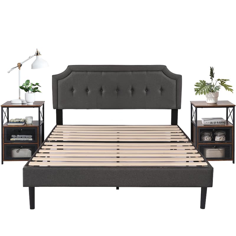 VECELO 3-pieces Height Adjustable Tufted Upholstered Bed Frame and Modern Nightstand Sets - Brown Nightstands - Queen