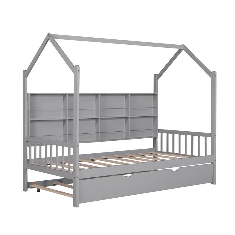 Twin Pine Kids House Platform Bed with Trundle, Shelf, and Roof