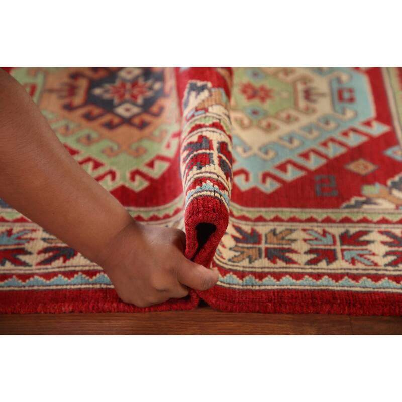 Geometric Red Kazak Rug Hand-Knotted Traditional Bedroom Wool Carpet - 3'4"x 4'10"