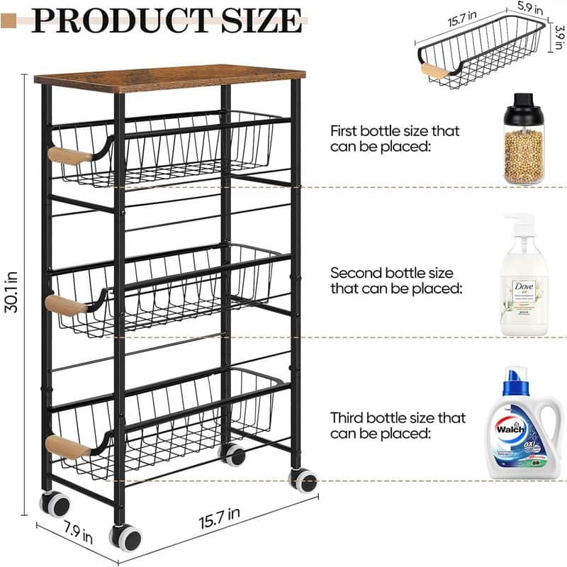 4Tier Narrow Rolling Cart - 15.7"D x 7.9"W x 30.1"H