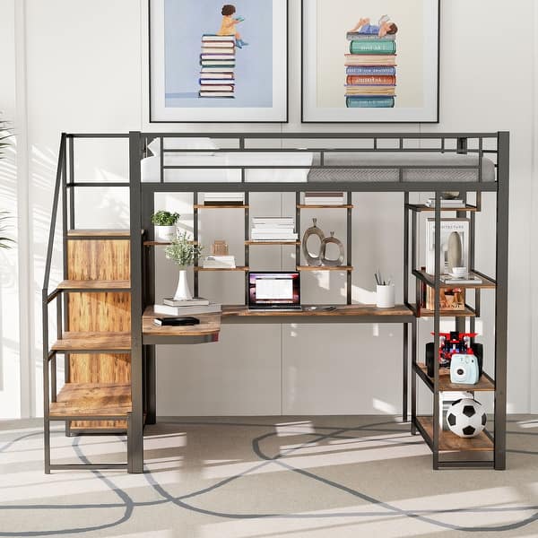 slide 2 of 36, Full Size Metal Loft Bed with Small Wardrobe, L-shaped Built-in Desk, Storage Shelves & Storage Staircase, No Box Spring Needed Black - Full