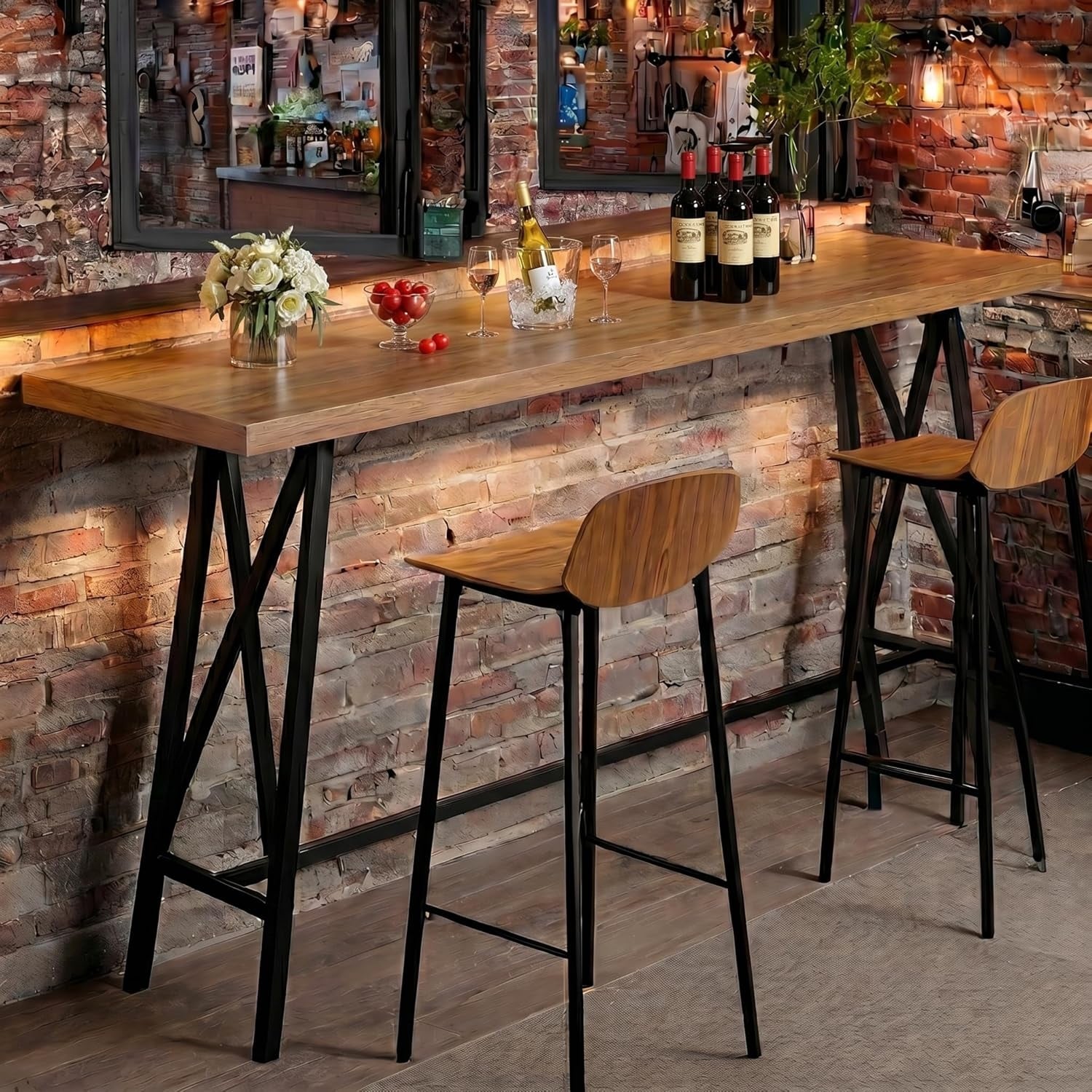 Solid Wood Bar Table with Metal Footrest, 63'' Rectangular Counter Height Pub Bistro Table - 63"L x 15.75"W x 39.37"H