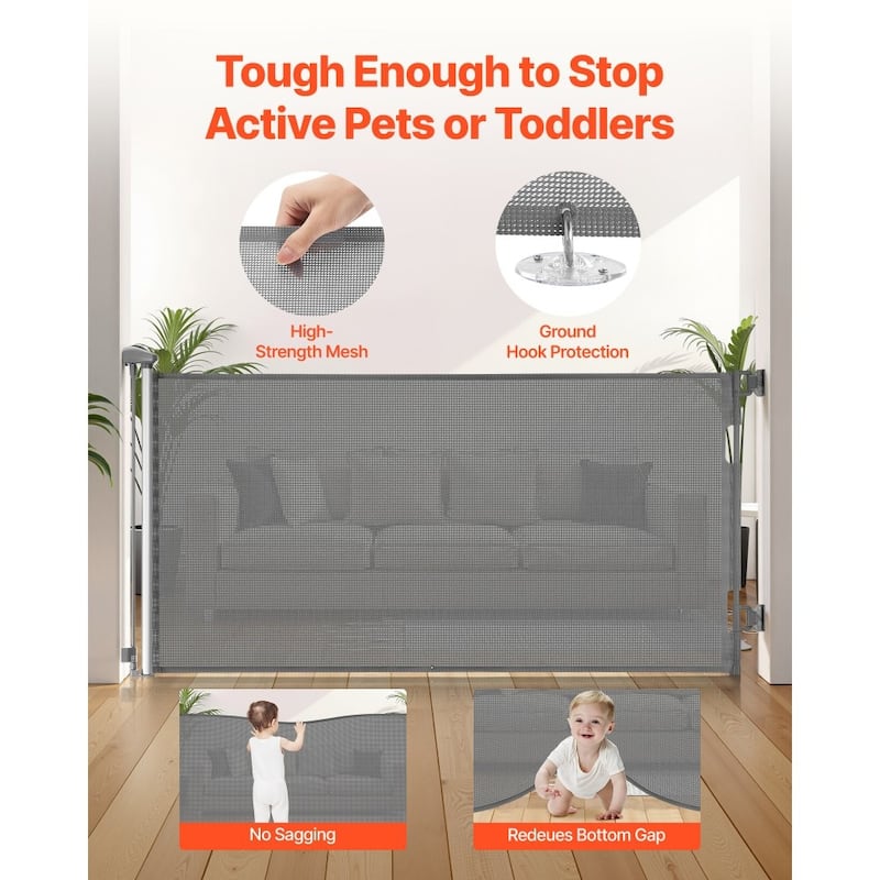 Retractable Baby Gate with Escape-Proof Bottom Hook and Mesh Design for Kids and Pets Safety