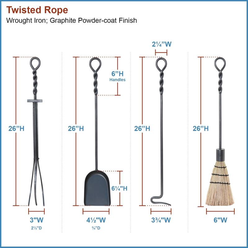 Achla Designs Twisted Rope Fireplace Set of 4 Tools, 30 Inch Tall, Graphite Finish