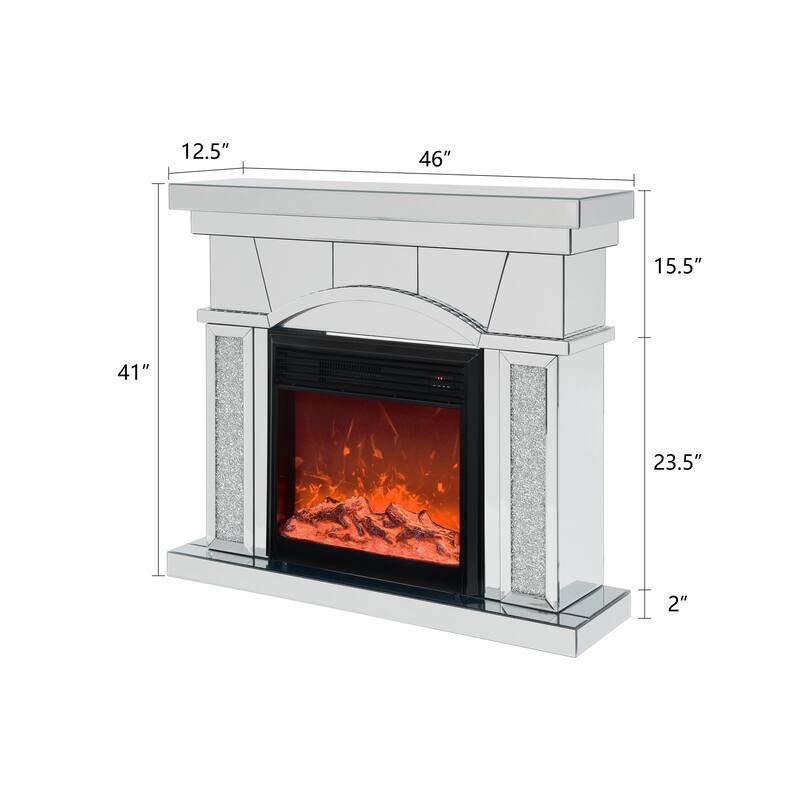 Elegant 46" Mirrored Electric Fireplace Cabinet with Acrylic Crystals, TV Stand, 3D LED Flame, Remote Control