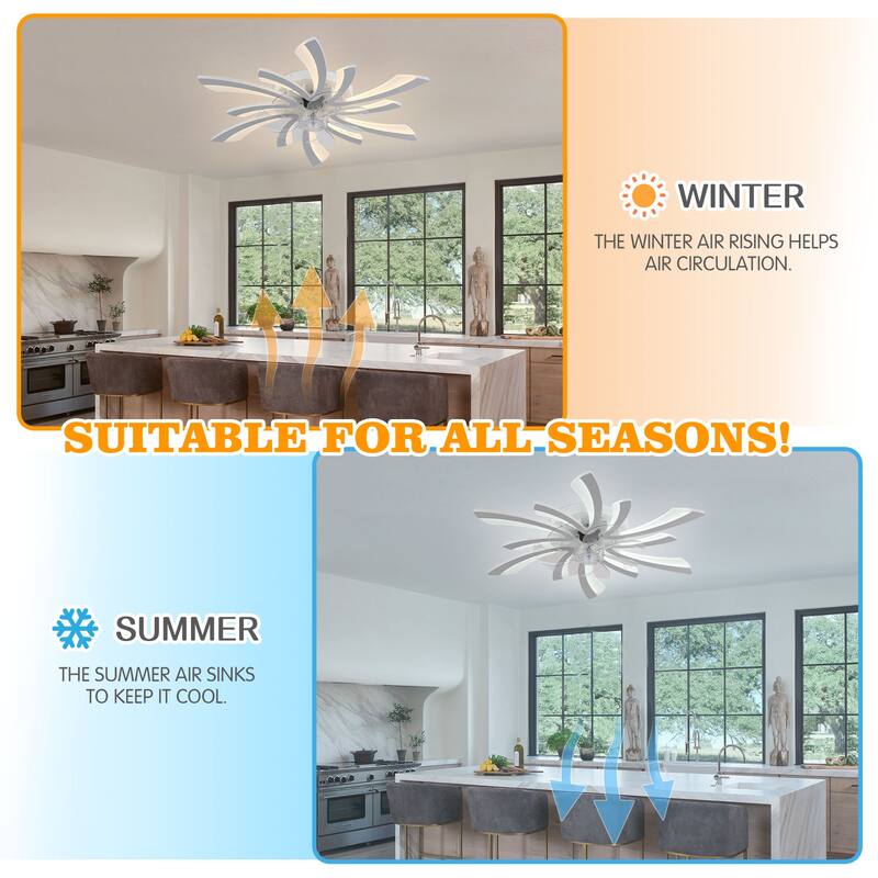 Chichoice 31" Modern Low Profile Flower Ceiling Fan with LED Light, Hidden Blade 6-Speed Flush Mount Fandelier with Remote/App