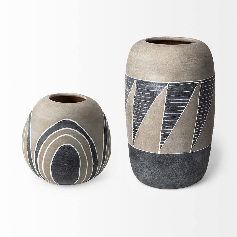 Brown Gray and White Arches Round Ceramic Vase - 10" W x 10" H x 10" D