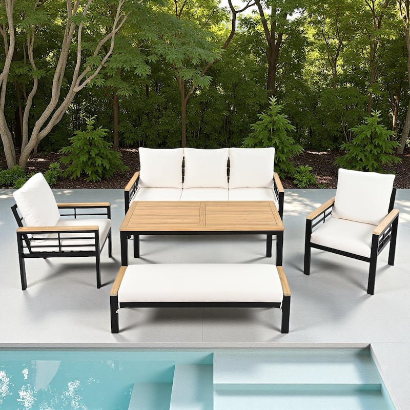 5-Piece Outdoor Patio Iron Conversation Sofa Set with Coffee Table and Bench - Black+Beige