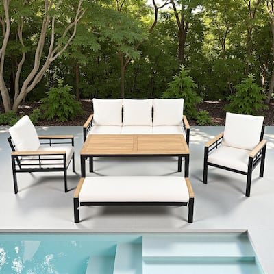 5-Piece Outdoor Patio Iron Conversation Sofa Set with Coffee Table and Bench