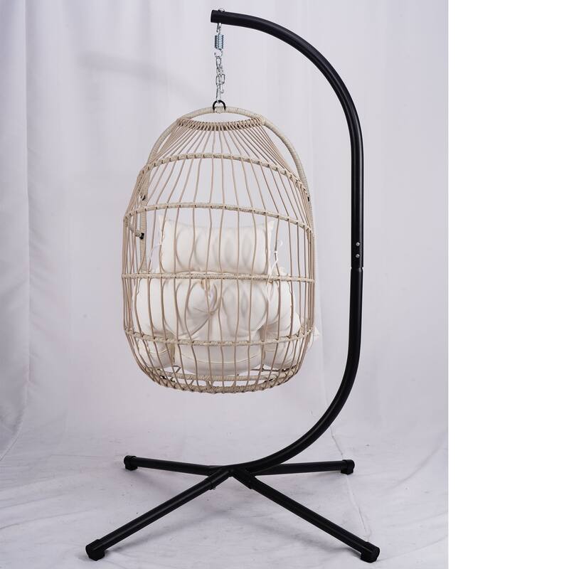 Outdoor Egg Hanging Chair, Swing Chair with Stand & Aluminum-Steel Frame, Patio Rattan Wicker Hanging Swing Egg Chair