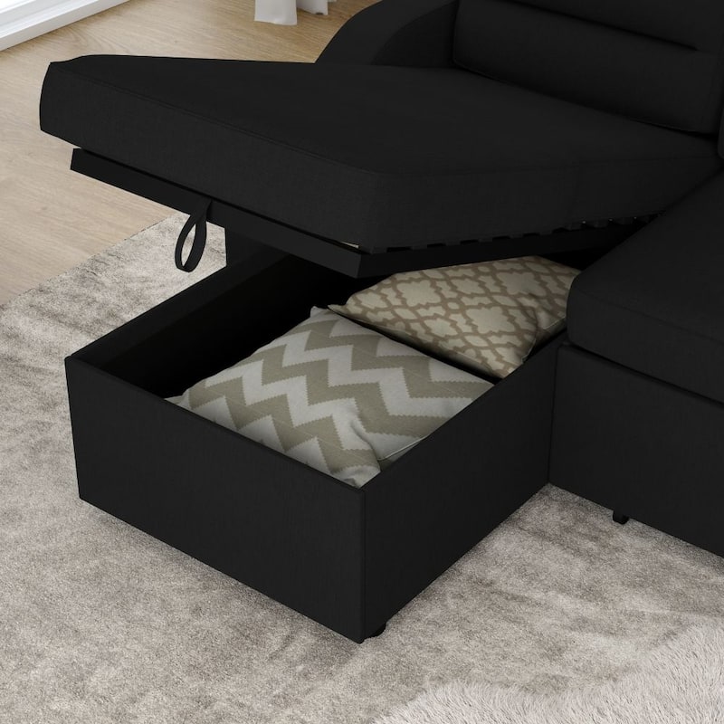 Convertible Sofa Bed Polyester Pullout Bed with Storage Recliner and Cup Holder