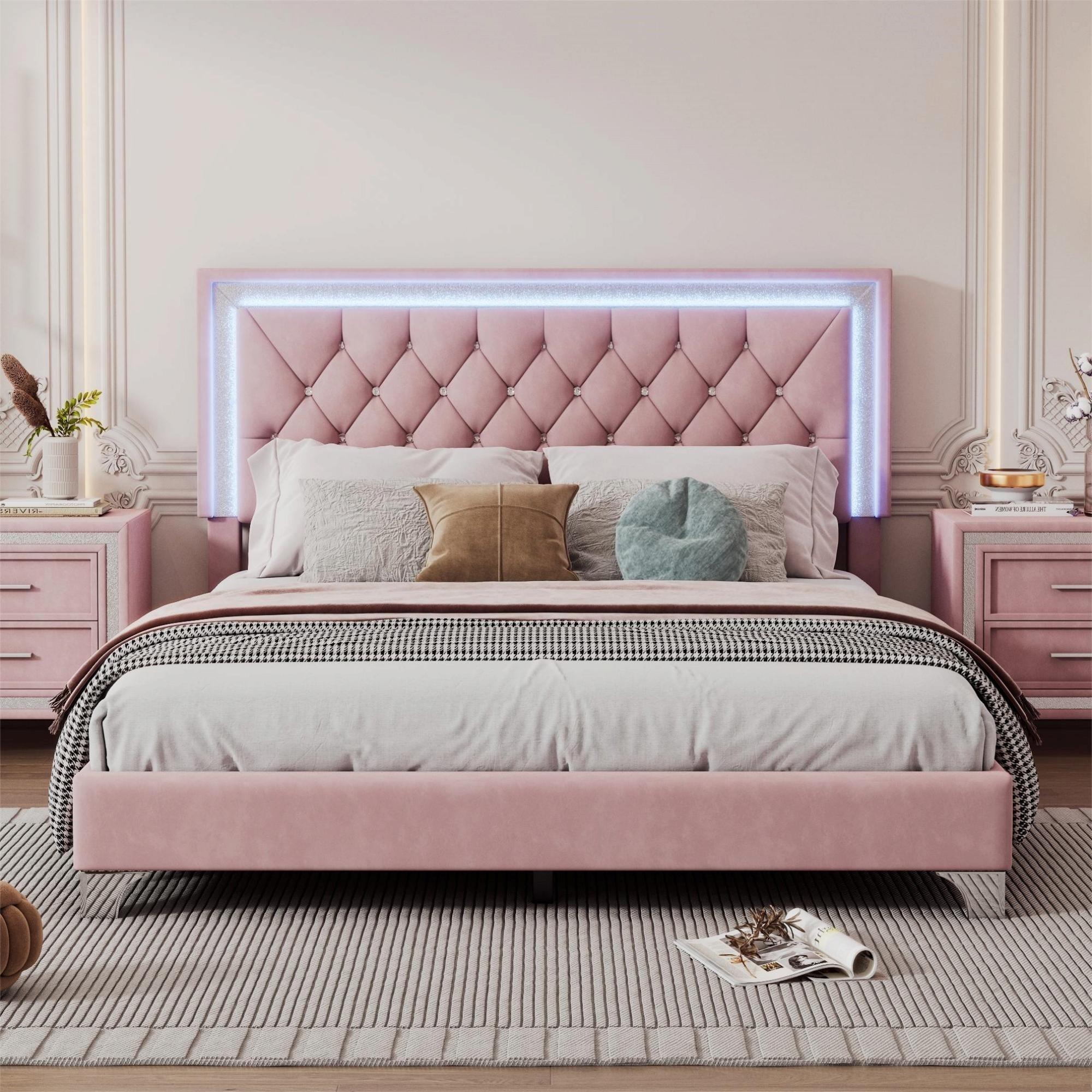 Queen Size LED Upholstered Bed with Crystal Tufted Headboard
